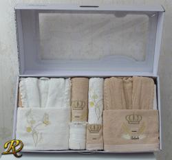 Комплект 2 броя Халати + 6 броя хавлии Белинда с дантела бежово и бяло