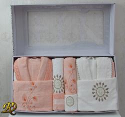 Комплект 2 броя Халати + 6 броя хавлии Белинда с дантела оранж и екрю