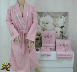 Халат за баня Белинда с 3 кърпи и дантела Пепел рози